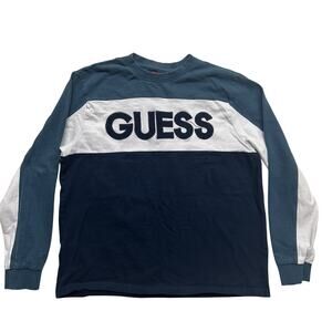 GUESS Men’s Large Sweatshirt Colorblock 1990s Navy White Blue Embroidered Logo